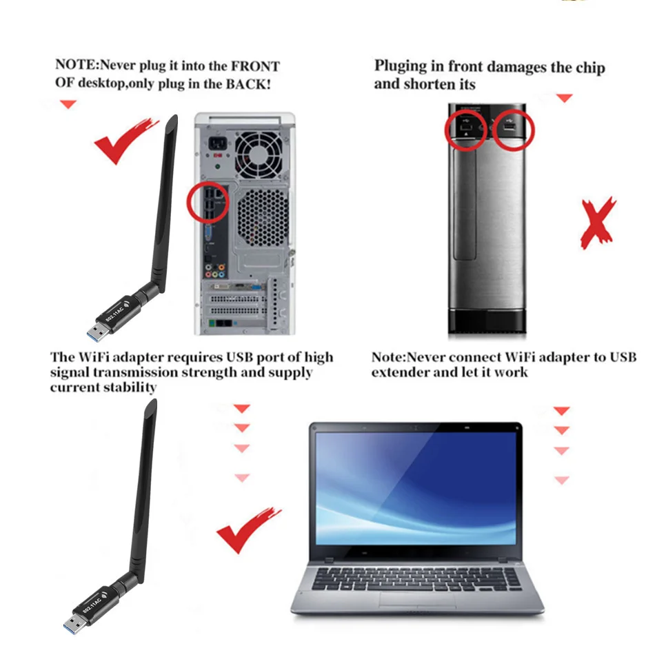 Wvvmvv-Adaptador sem fio USB 3.0 WiFi, receptor de banda dupla, 5G, 2.4G, 5dBi Antena, WI-FI Key, Windows, PC, Mac, 1200Mbps