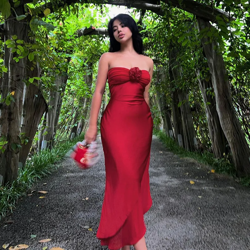

3D Flower Strapless Maxi Dress For Women Fashion Off-shoulder Sleeveless Backless Ruched Club Party Sexy Bodycon Slim Long Dress