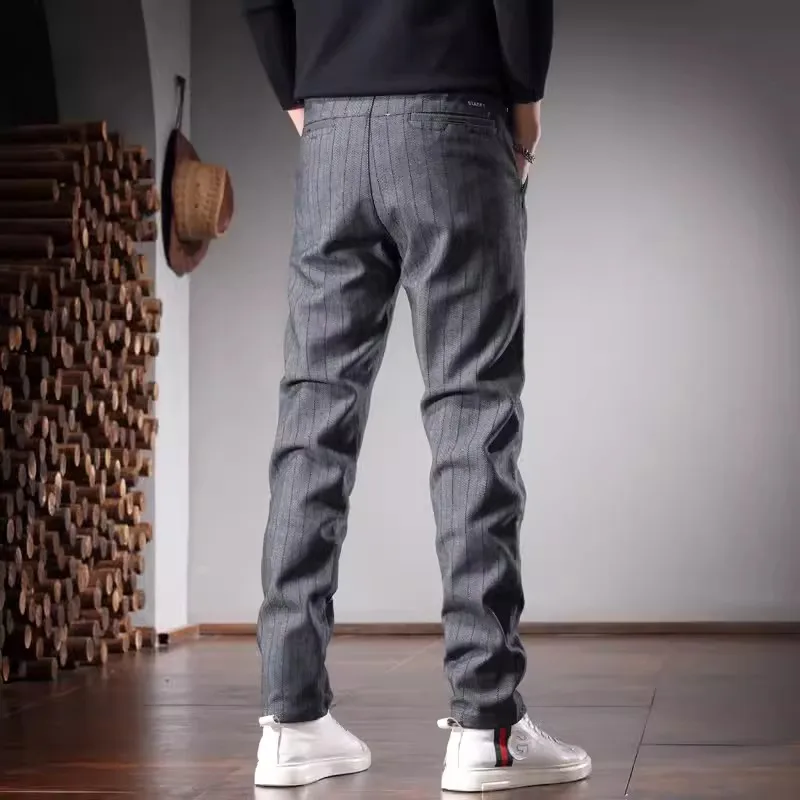 Autumn Striped Pants Men Korean Style Social Casual Gray Black Slim Fit Straight Suit Trousers