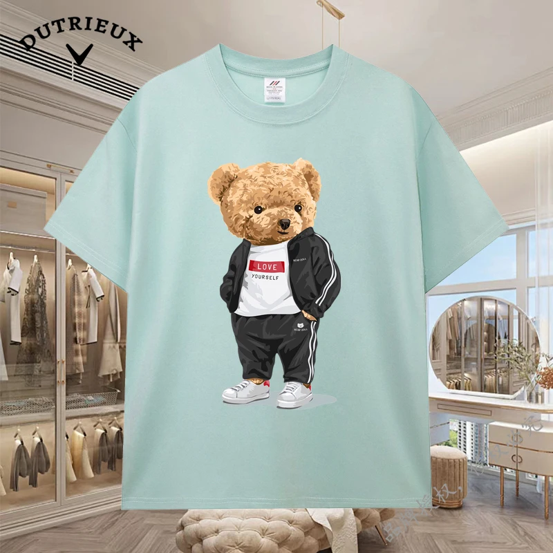 2024 New Luxury Bear Short Sleeved Men's and Women's Loose 230g Fabric weight Cotton Versatile Round Neck Breathable Inner Layup
