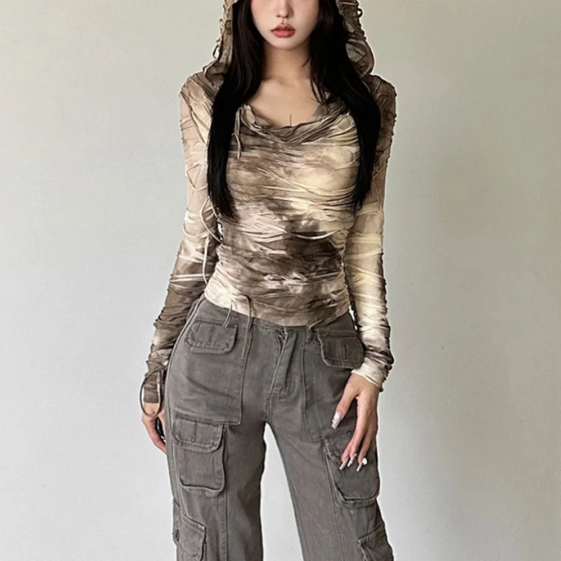 Wasteland Tops Mujer Y2K Ropa Tie Dye Estampado Rasgado Camiseta de Manga Larga con Capucha Ropa Cybercore de los 2000 Ropa Urbana