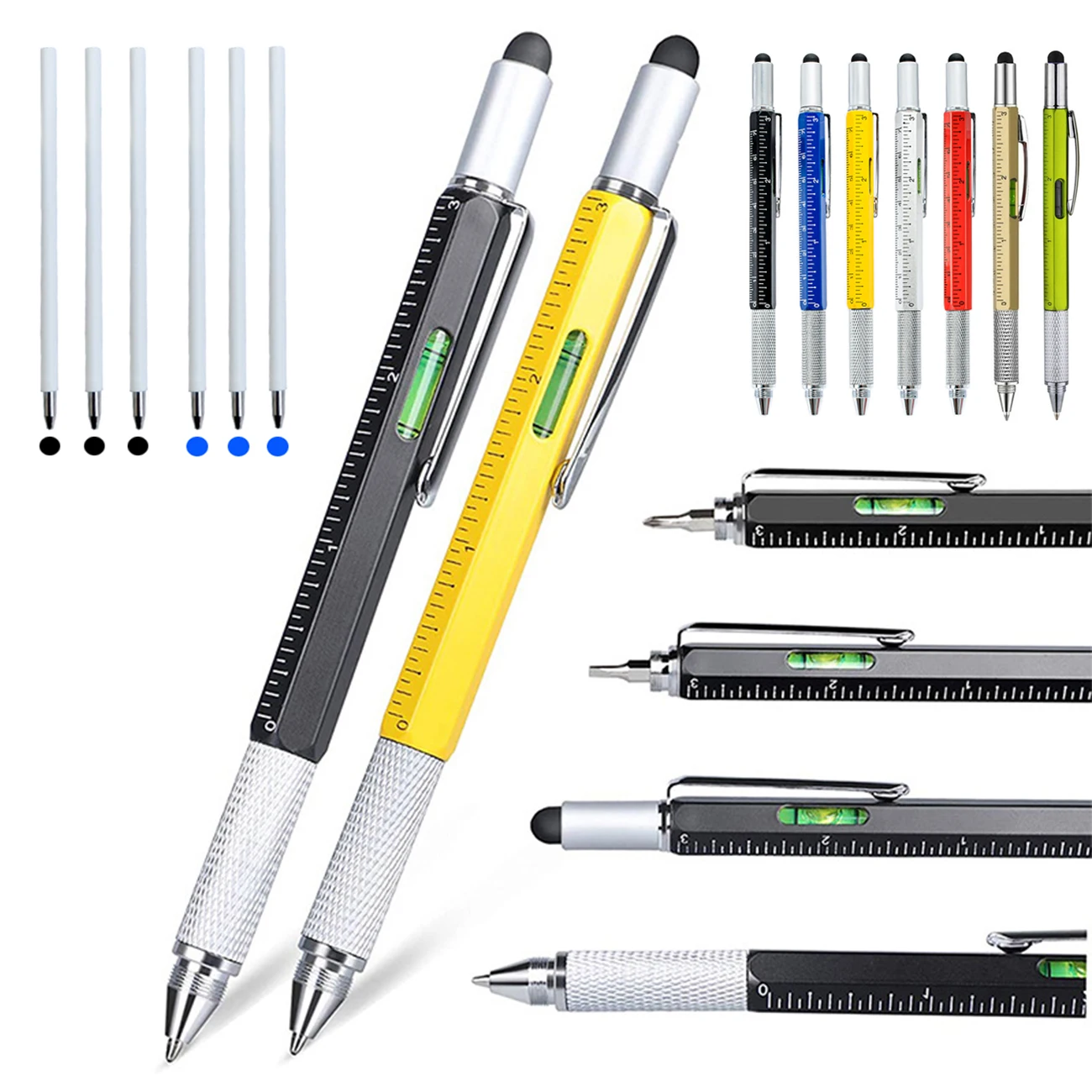 

7pcs/set Ballpoint Pen Refill Portable Screwdriver,Measure,Technical Ruler,Screwdriver,Touch Screen Stylus,and Spirit Level