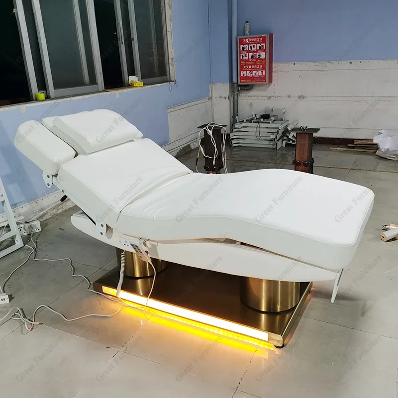 White Leather Gold Round Base Beauty Salon Eyelash Bed 3/4 Motors Electric Spa Equipment Massage Bed With Led Lighting hot selling white beauty furniture facial eyelash bed three motors electric massage table for spa