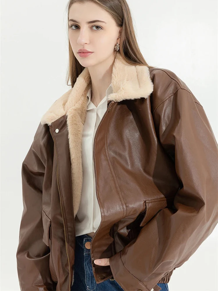 

Leather Thicken Jacket Women 2024 Autumn Winter Street Loose Moto Biker Outwear Female Turn-down Collar Long Sleeve Jacket Coat