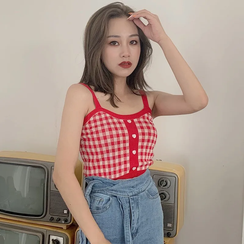 

Women's Bottoming Crop Top Retro Sweet Plaid Pattern Knit Slim Camisole Cotton