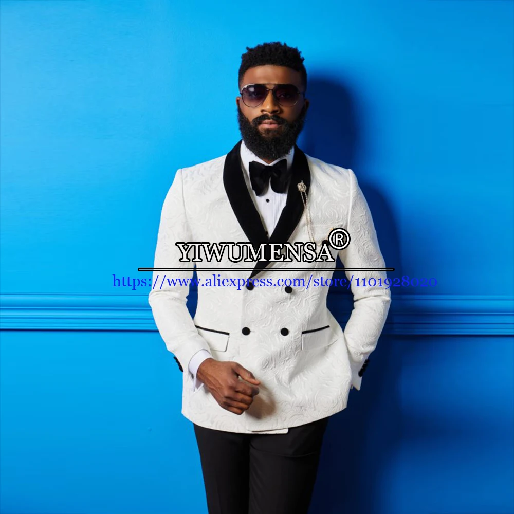 

Luxury Wedding Suits For Men Slim Fit Grooms Tuxedos Double Breasted Jacquard Jacket With Pants Prom Party Blazer Masculino 2022