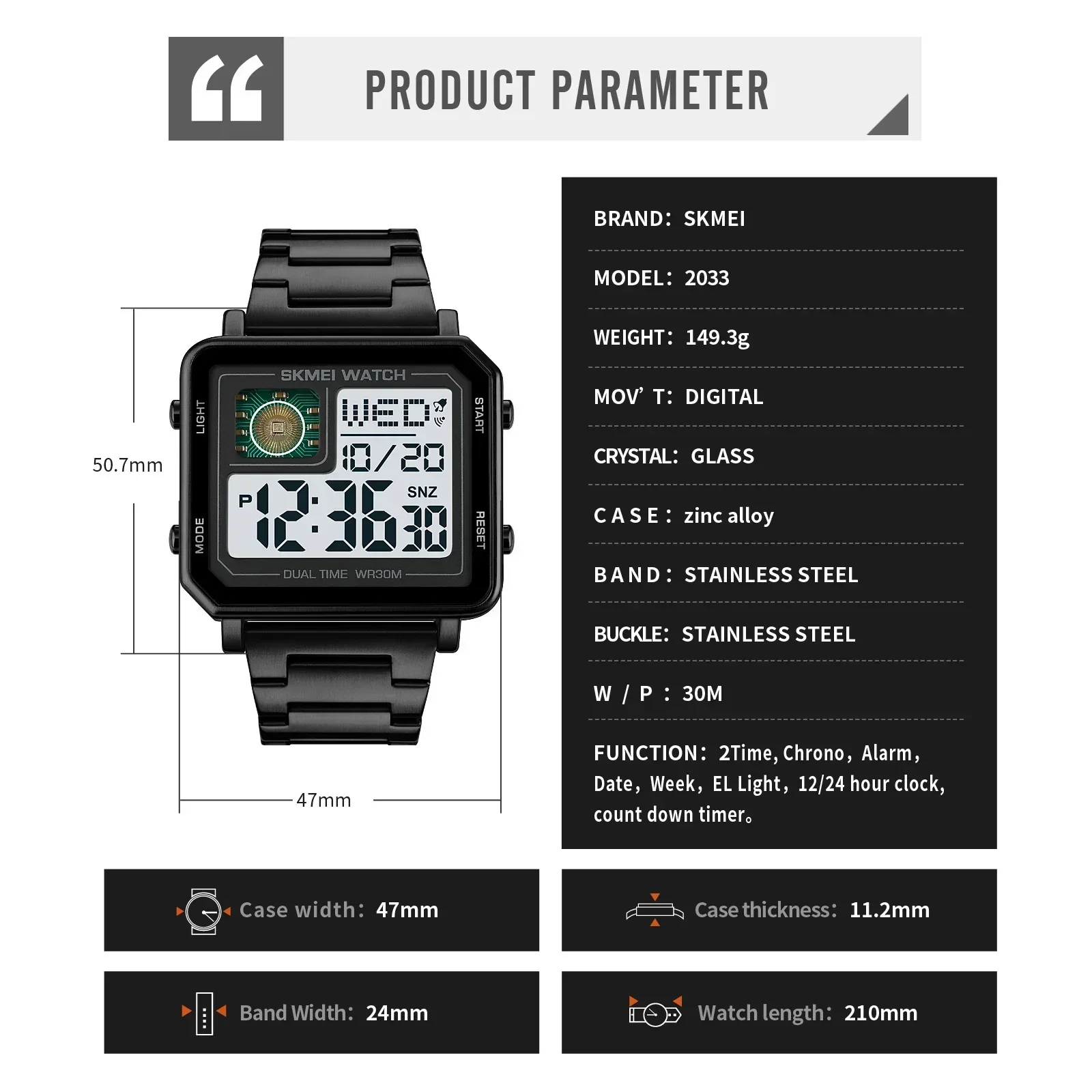 SKMEI 2033 Metal Waterproof LED Luminous Casual Square Clock Style Digital Watch reloj hombre Rectangle Men's Electronic watches 6