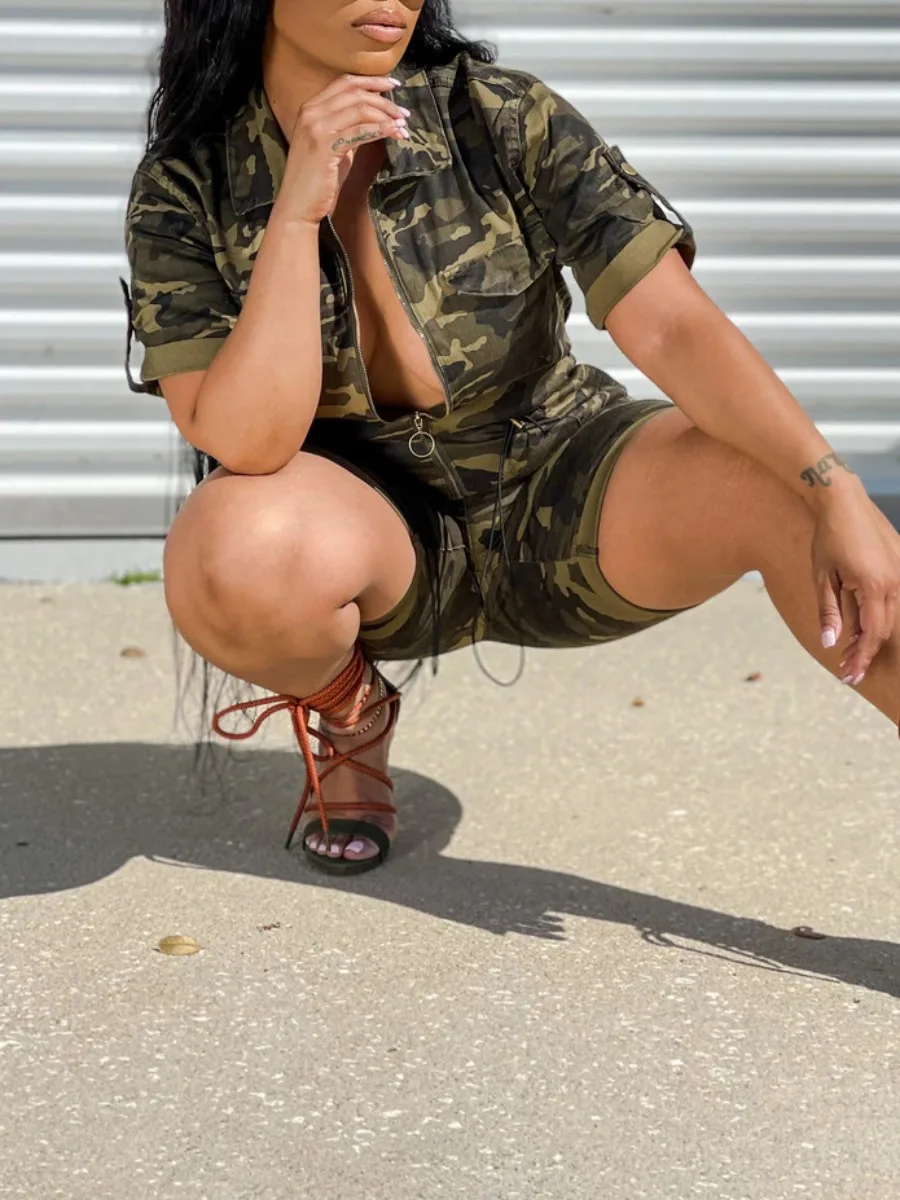 LW Plus Size jumpsuit Camo Print Drawstring Romper summer short sleeve Romper casual women's clothing large size Fashion jumpsui