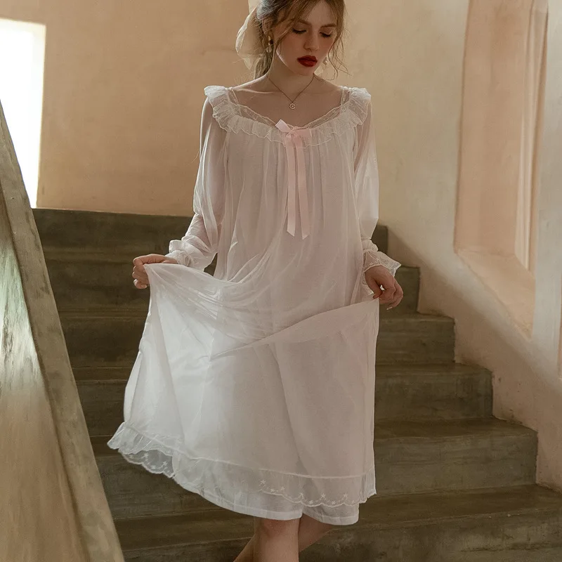 Lace Nightdress Women Mesh Long Sleeve Loose Nightgown Fairy Vintage Home Dressing Gown Night Sexy Sleepwear Nightwear Plus Size
