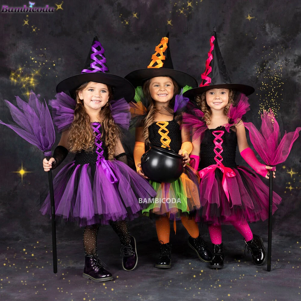 2022 Disguise Witch Costume for Girls Halloween Tutu Knee Dress with