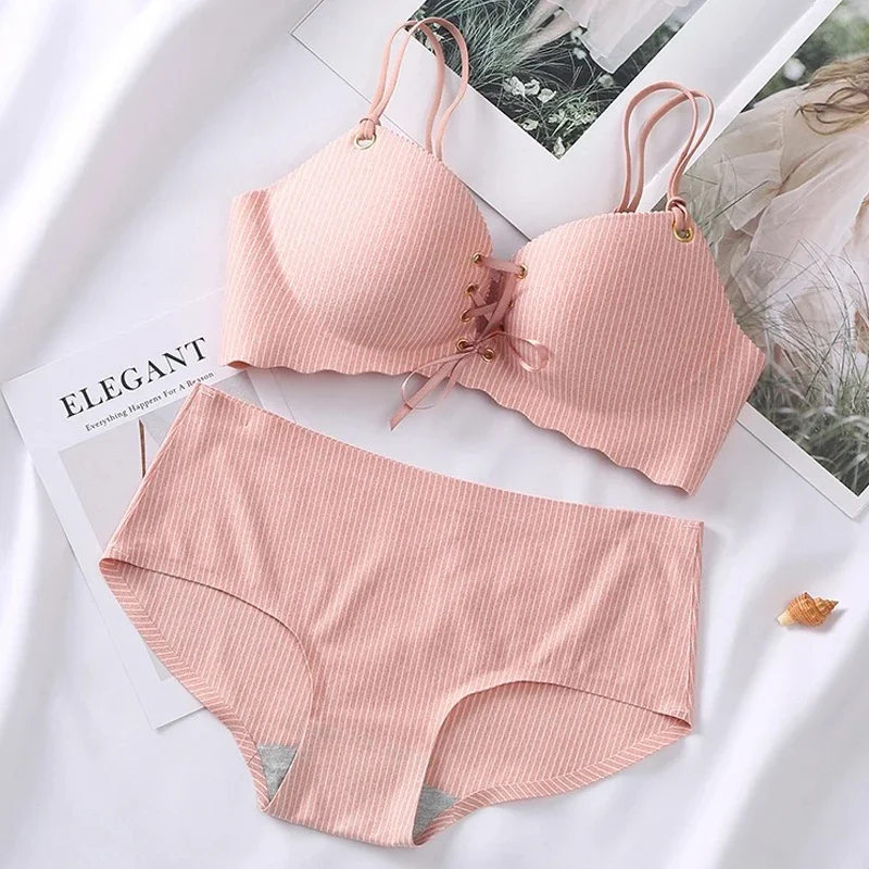 

Korean Style Striped Seamless Bras Pink Bralette Push Up Bras and Panty Sets for Women Underwear Brasieres Ropa Interior Mujer