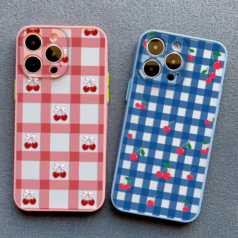 Stylish Blue Checkered Grid Pattern Cherry Phone Case