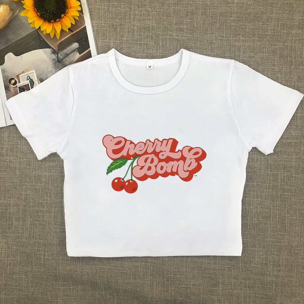 Short-sleeved T-shirt Women Summer cherry letter print short-sleeved top Spice Girls wearing crop short slim-fit street style