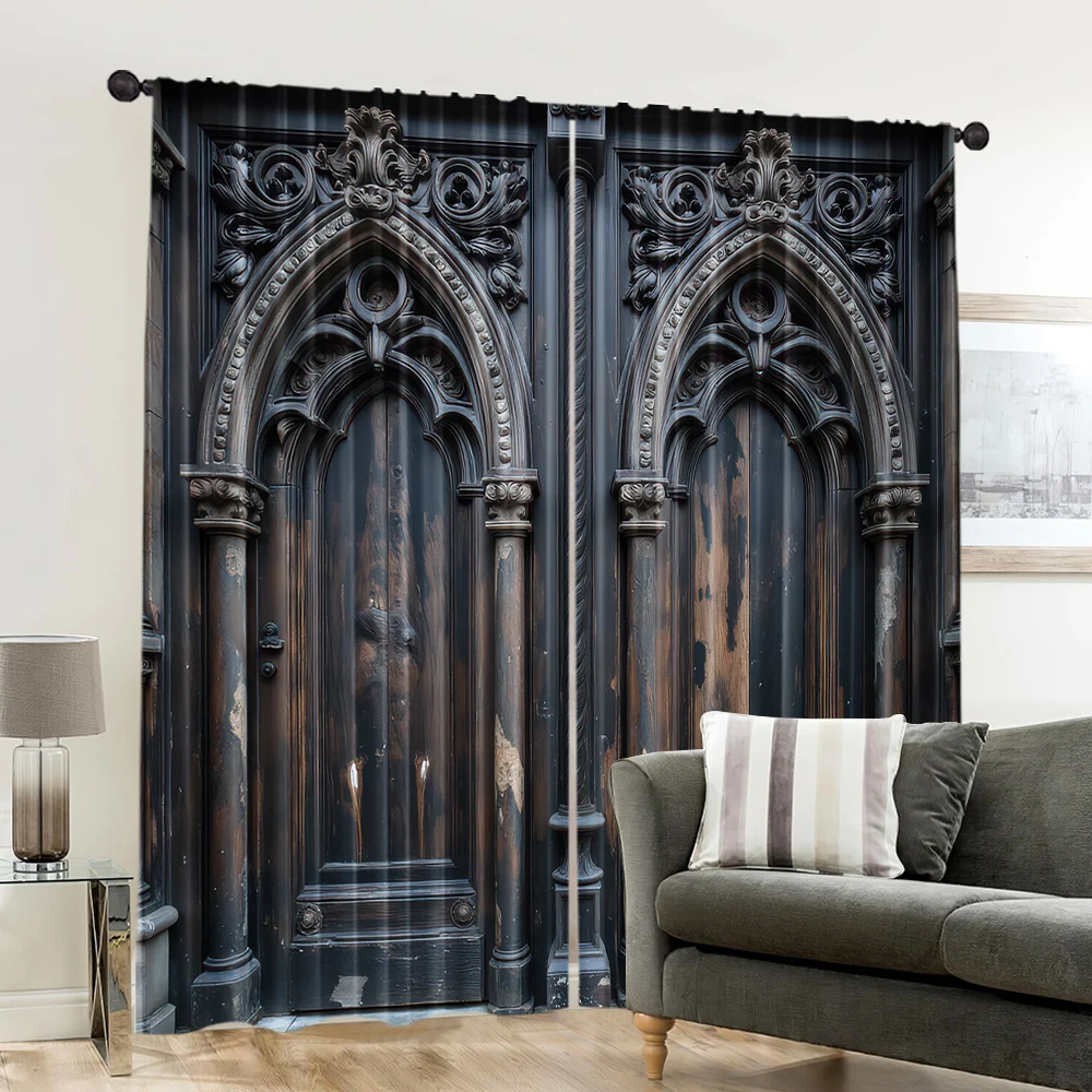 2pcs,%202D%20flat%20printing%20Scene%20Curtain%20Ornate%20Carved%20Wooden%20Doors%20Artwork%20Versatile%20Polyester%20Fabric,Without%20Electricity%20Wall%20-%20Image%206