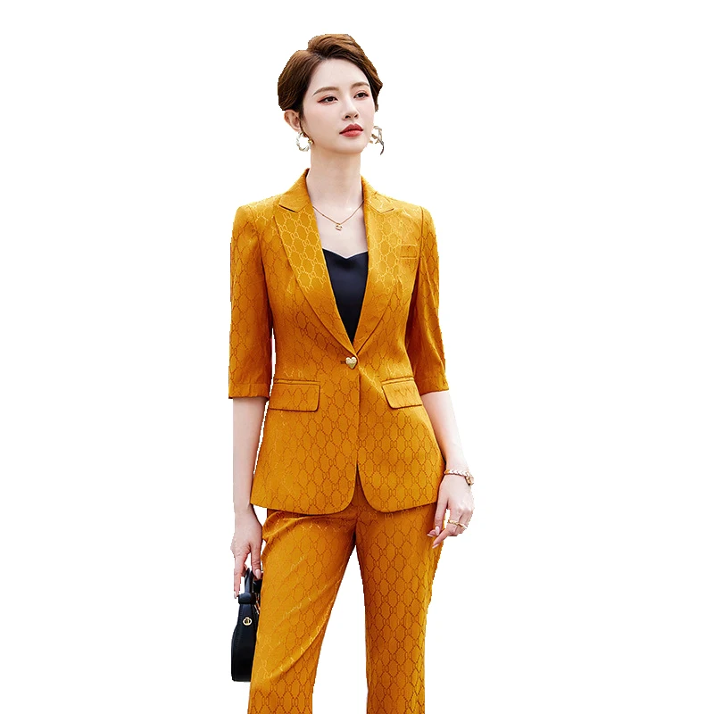 

Formal Women Business Suits Spring Summer Half Sleeve Pantsuits Professional OL Styles Career Work Wear Trousers Set Blazers