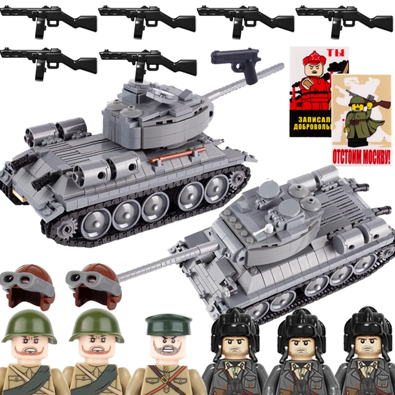 

World War 2 T 34 Tank Set Model Building Blocks Soviet Armored Military Vehicles Soldiers Officer Figures Weapons Gun Bricks Toy