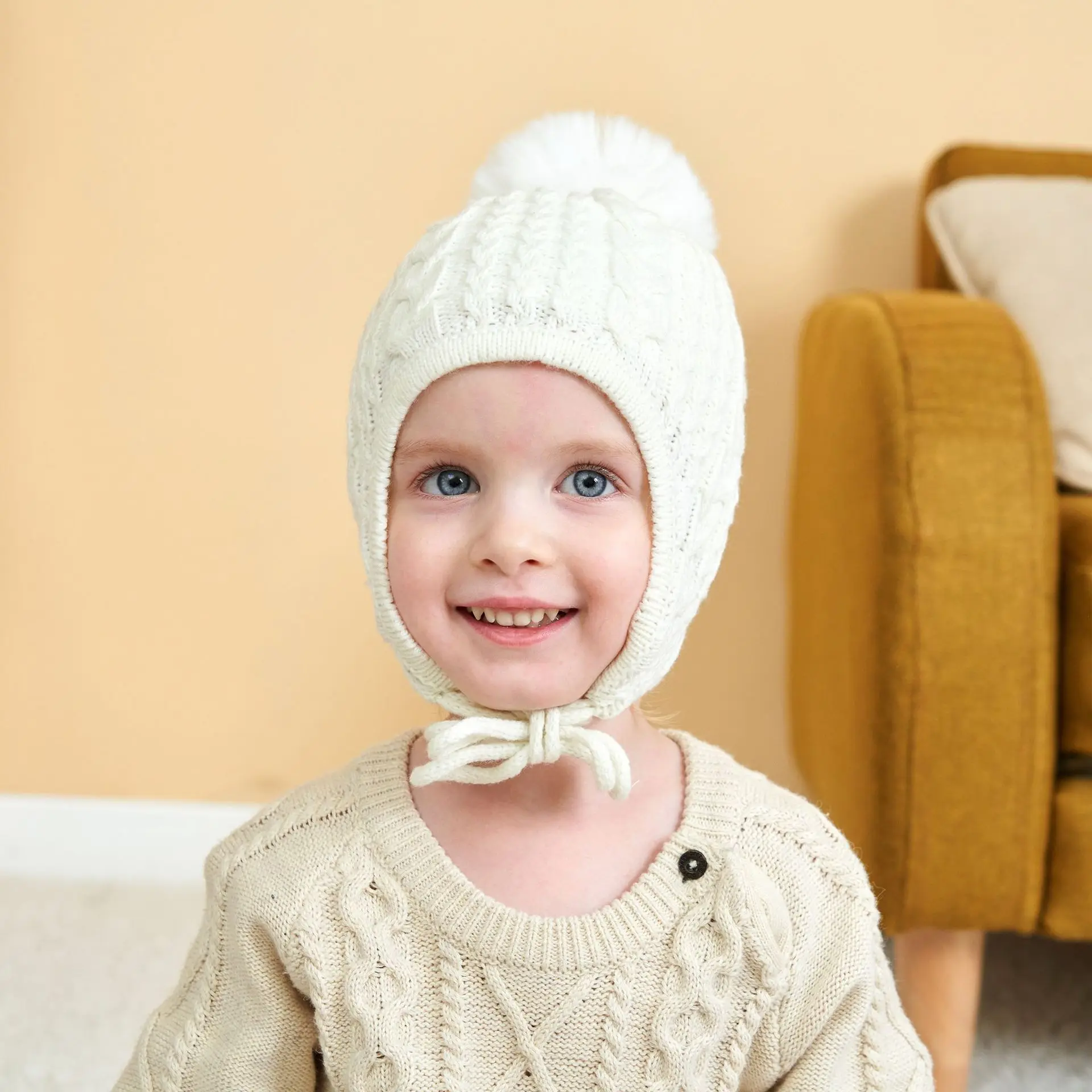 Acheter Chapeau de bébé ours de dessin animé, grand Double pompon, Bonnet  chaud d'hiver pour nouveau-né, Protection des oreilles en coton doux, Bonnet  pour enfants, garçon et fille