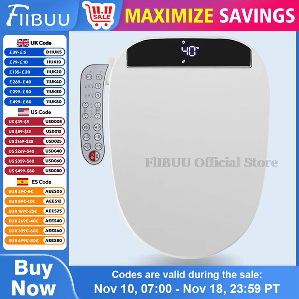 Elongated Smart Bidet Toilet Seat Cover Warm Air Dryer Warm Water Heated Seat Soft Close Toilet Lid Night Light Rear Front Wash
