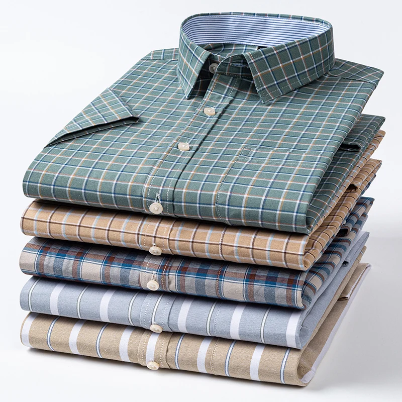 New Men's Plaid Shirt 100% Pure Cotton Oxford Short Sleeves Spring Casual Daily Dress Shirts Button-down Big 5XL 6XL 7XL 3