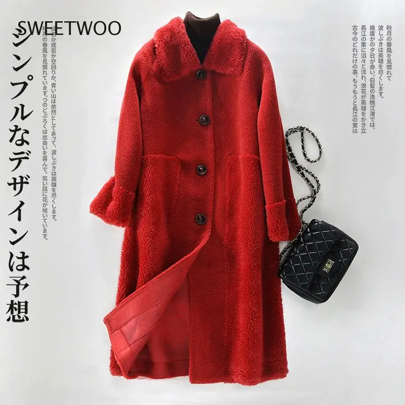 Women Winter Long Genuine Fur Sheepskin Coats Ladies Turndown Collar Wool Outwear Female Thick Warm Sheep Shearing Jacket 2022