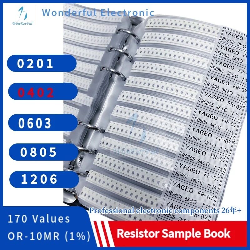 Resistor Kit SMD Sample Book 0402 Chip Resistor Assortment Kit 1206 0805 02011% FR-07 SMT 170 Values 0R-10M Smd Sample Book 50pcs lot resistor capacitor inductor ic smd smt components sample book empty page for 0402 0603 0805 1206 electronic component