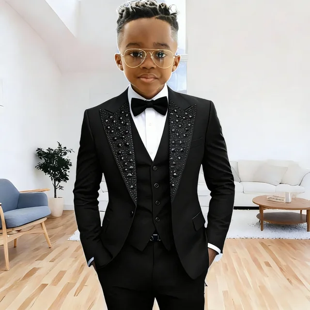 Costume noir pour garçons, smoking de soirée, costume de mariage pour enfants, costume à cristaux perlés, 3 pièces, veste, pantalon, gilet, robe de bal formelle 1