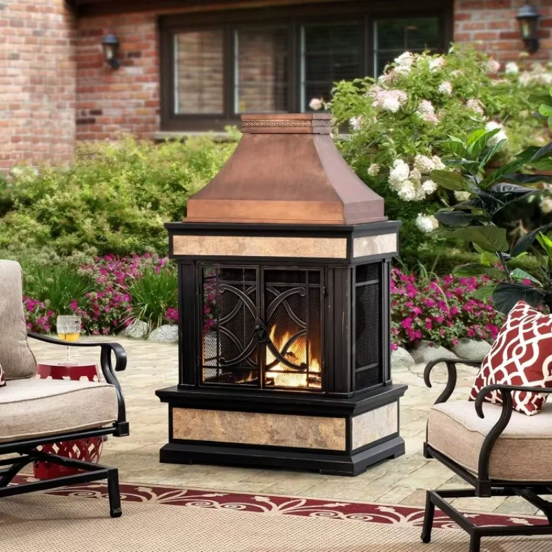 Smith Collection Patio Wood Burning Steel Fireplace with Chimney, Outdoor Fireplace, Spark Screen, Fire Poker, and Removable 3
