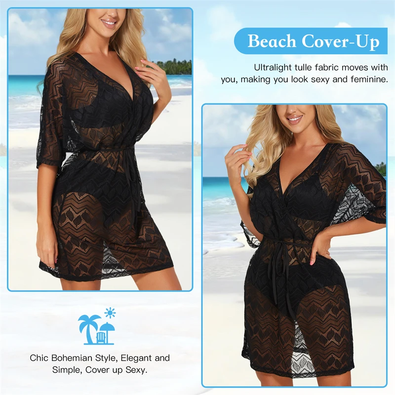 

Sexy Women Lace Hollow Waist Strap Beach Bikini Sunscreen Shirt Summer Swimsuit Cover-Ups Net Bathing Suit Beachwear Tunic Dress