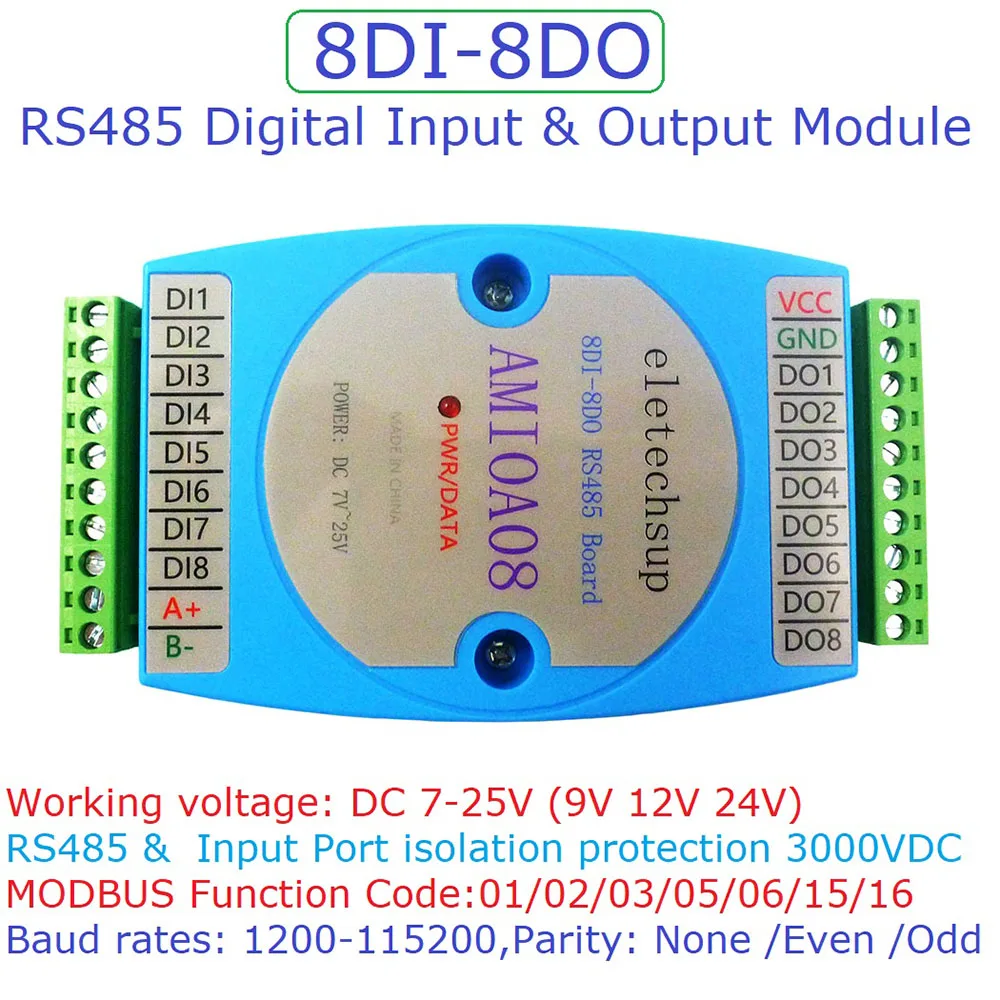 

DC 7-25V 8DI-8DO RS485 Digital NPN Input and Output Module Optocoupler Isolated Communication MODBUS RTU PLC Expansion Board