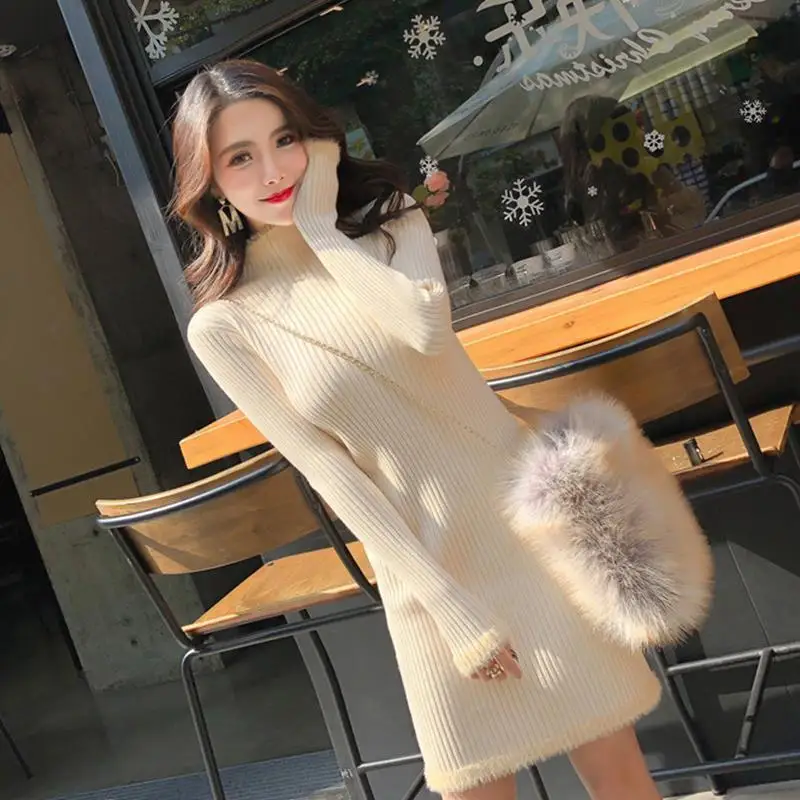 

High Neck Sweater New 2022 Popular Autumn Winter New Knitted Dress Women's Medium and Long Wool Bottomed Hip Wrap Skirt