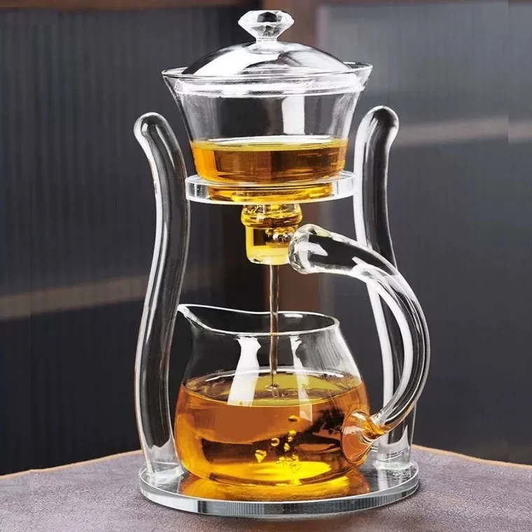 Crystal Glass Teapot Set Glass Automatic Lazy Tea Set Heater Magnetic Rotating Cover Kung Fu Heat-Resistant Teapot 6 Cups