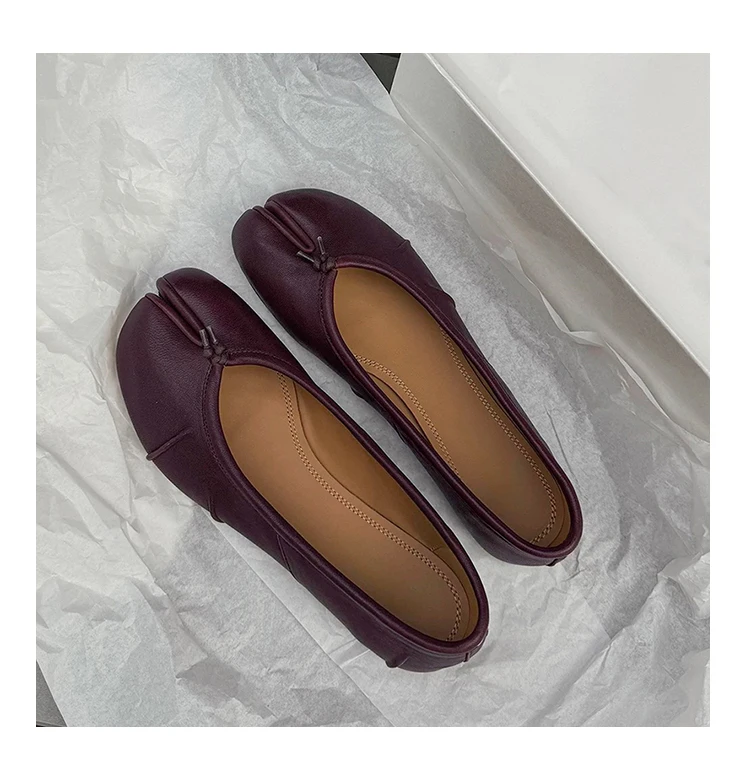 أزياء تيبي سبليت تو أحذية نسائية جلد طبيعي الباليه الشقق مريحة الشقق خمر مطوي أحذية جلد الغنم أحذية مصممين