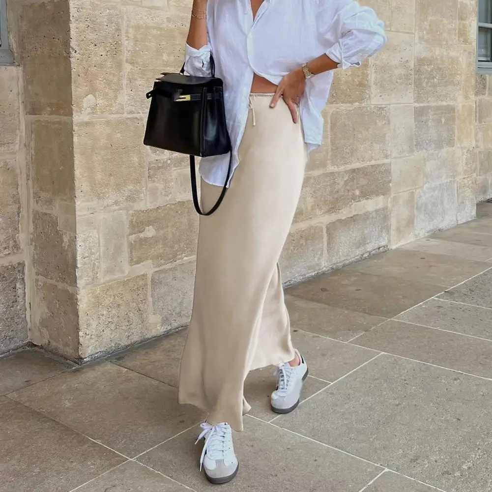 

Soft Breathable Long Skirt Elegant Silky Satin High Waist Maxi Skirt for Women Ankle Length A-line Solid Color Skirt