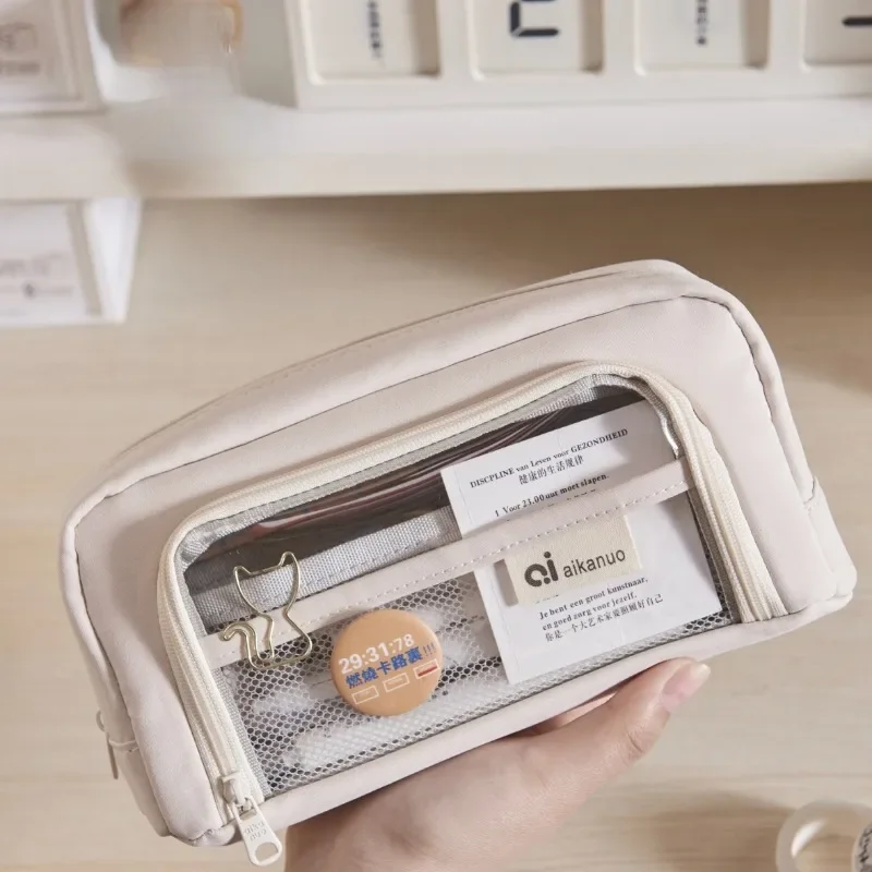 1 조각 어린이를위한 단순 연필 케이스 솔리드 컬러 시리즈 학생 연필 가방 캔버스 귀여운 고용량 편지지 보관 가방