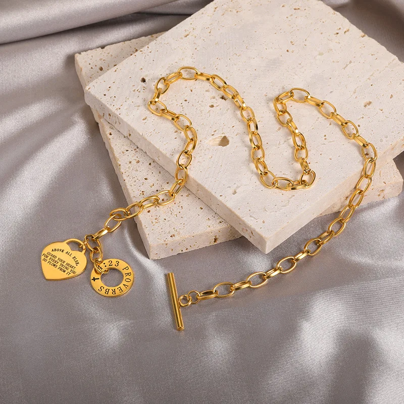 Stainless Steel Engraved Lettering Heart Necklace For Women Gold Plated OT Chain