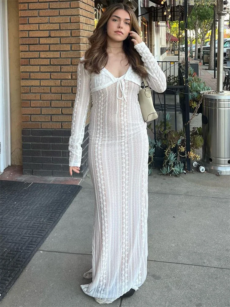 Vestido largo elegante con escote en V y mangas largas para mujer, vestido de fiesta de noche con aberturas, vestido halter de moda de verano 2025