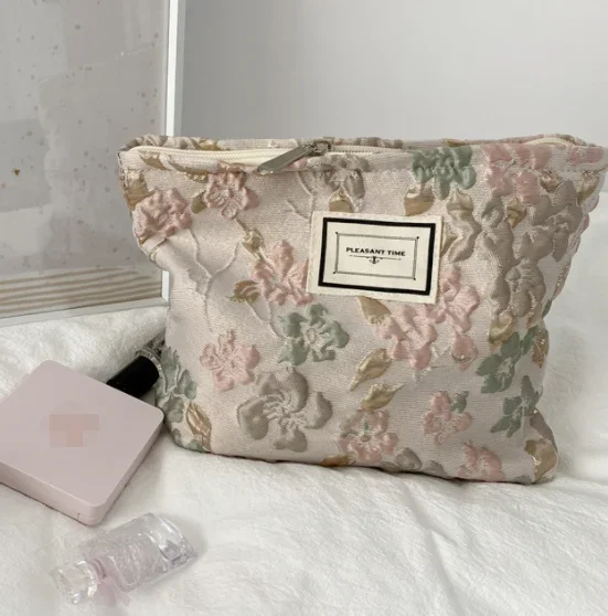 Floral Embroidery Corduroy Canvas Makeup Organizer Bag