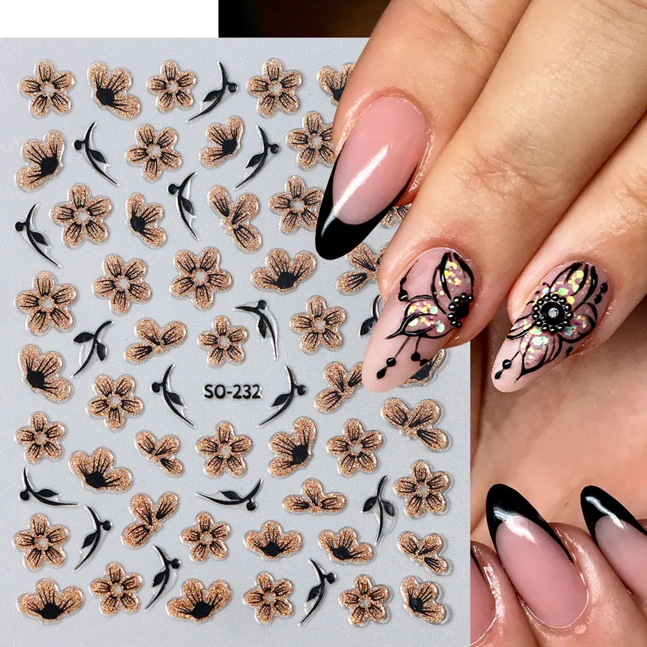 2pc 3D Black Gold Glitter Flower Nail Decal Shiny Petals Leaves Nail Art Sticker Watercolor Daisy Floral Adhesive Manicure Decor 3