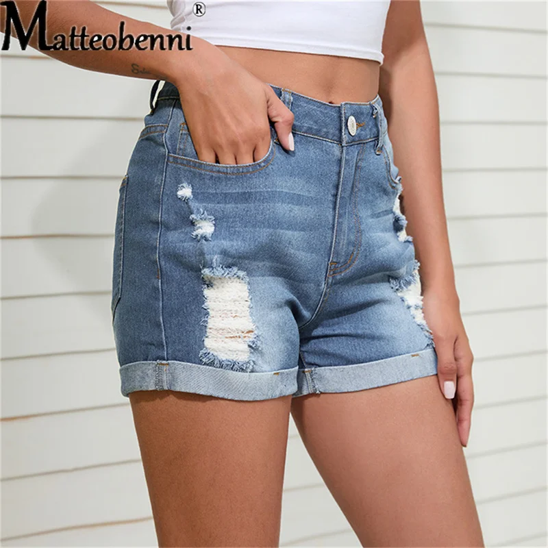 Summer Vintage Crimping Faded Distressed Jean Shorts With Pockets 2022 New Woman Casual Street Denim Hole Hot Short