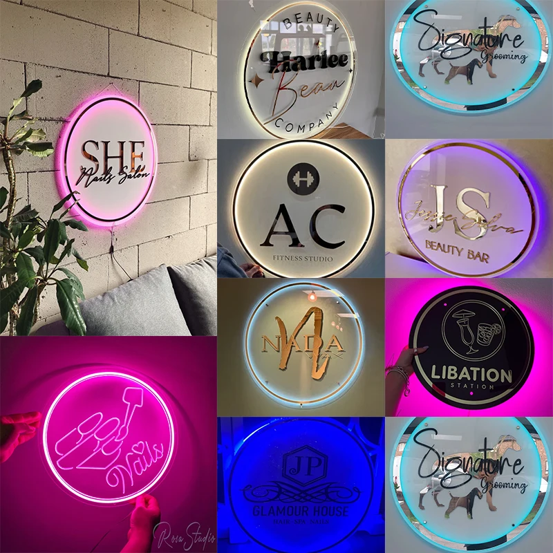 Custom Acrylic Business Sign LED  Square Round Business Neon Lights Logo Sign Plaque Neon Circle Name 3D Company Shop Wall Art 5