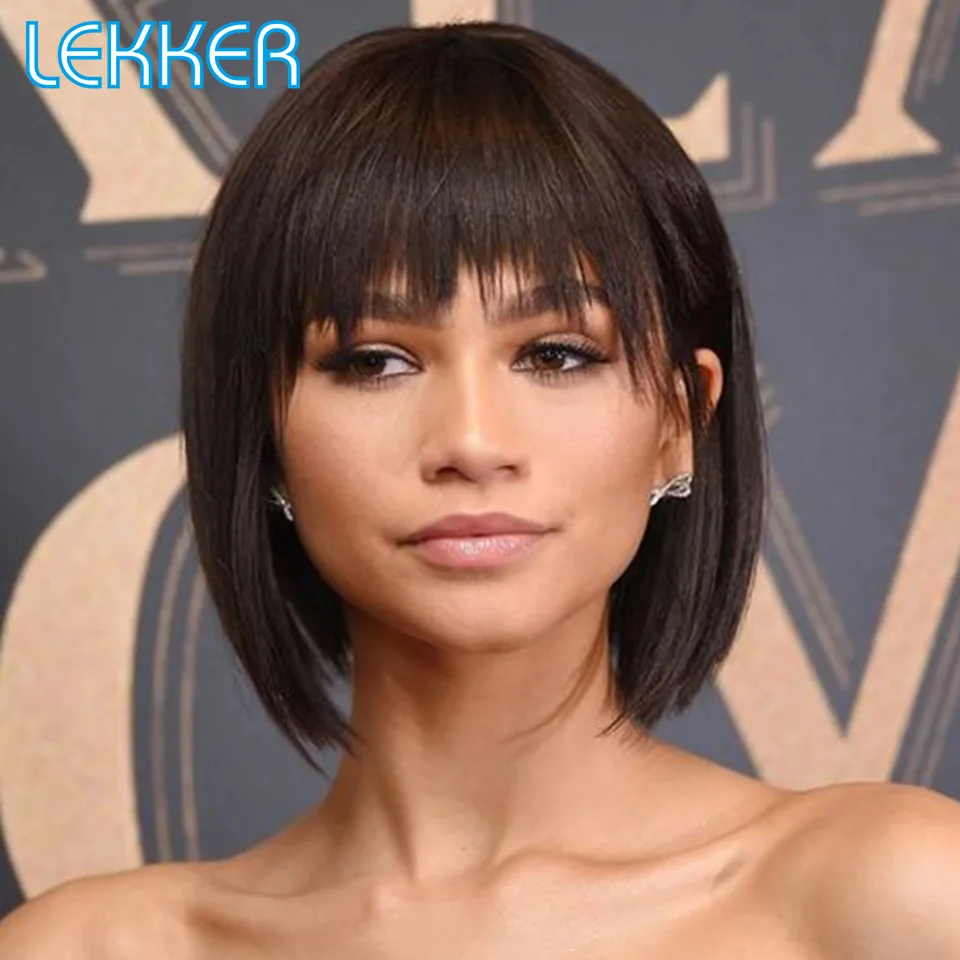 

Lekker Wear to go Nature Brown Short Bob With Bangs Human Hair Wig For Women Brazilian Remy Hair Straight Hair 8" Color Bob Wigs