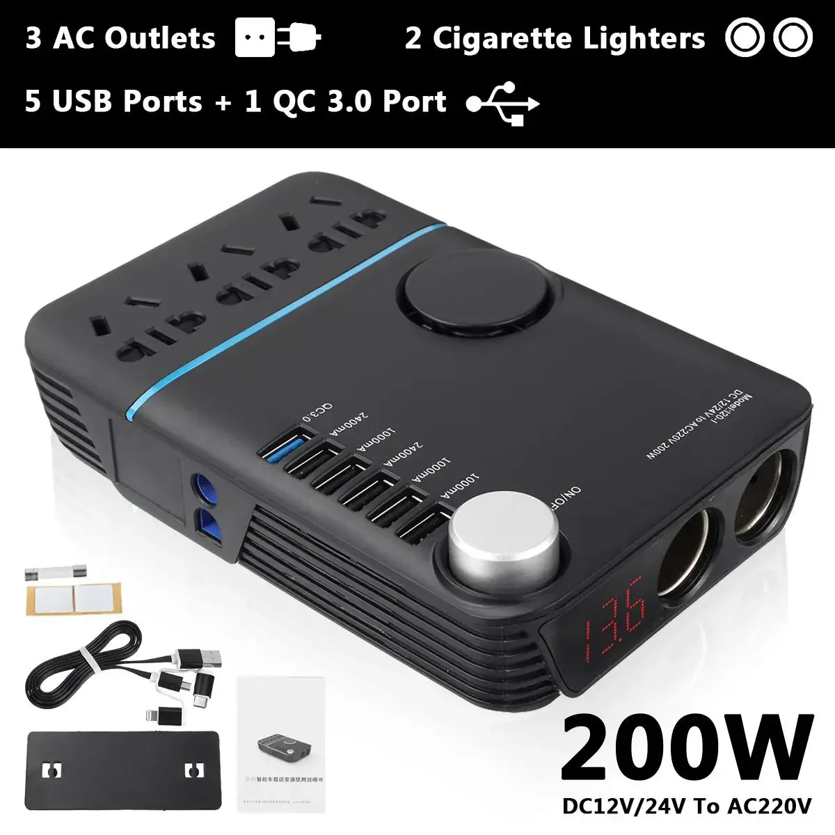 

Upgrade Car Inverter 200W Peak DC12V/24V to 220V Converter 3 AC Outlets 5 USB Fast Charging QC3.0 Fast Charging Adapter Inverter