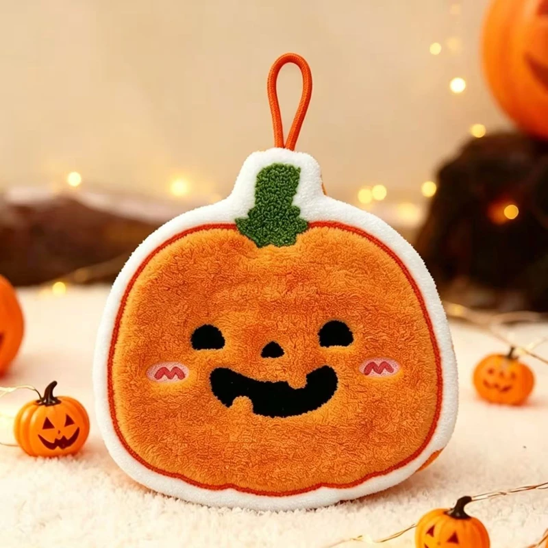 Black Cat Cartoon Hand Towel - Soft & Absorbent Coral Fleece for Kids - Halloween Pumpkin Design for Bathroom & Kitchen Use