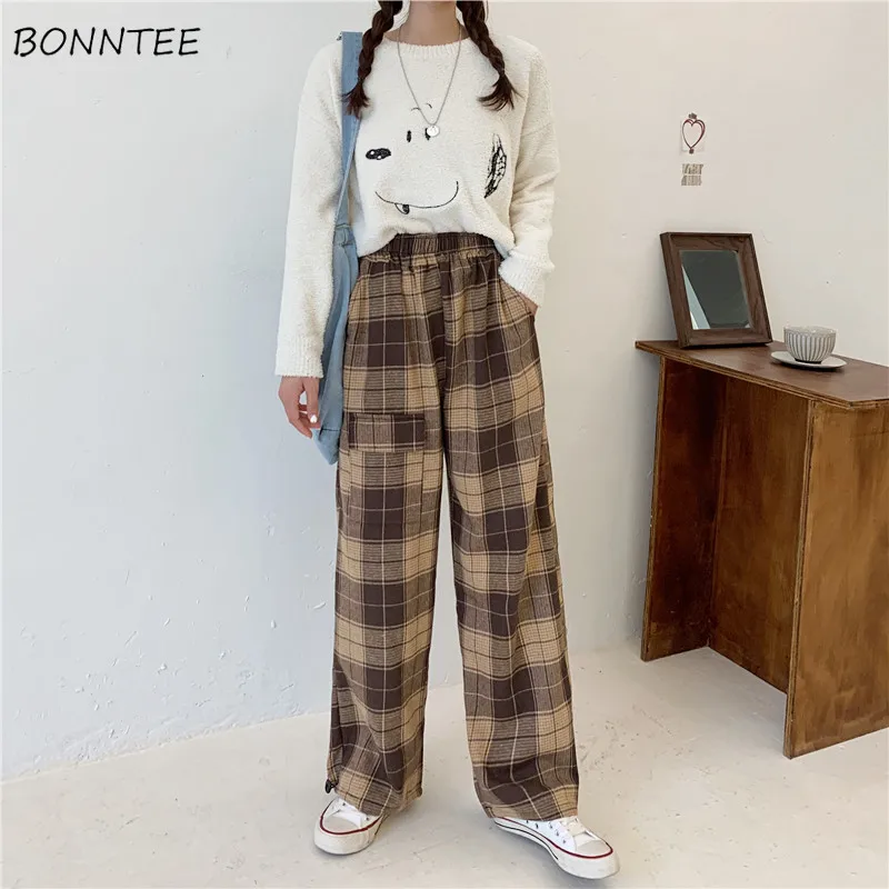

Pants Woman Wide Leg Casual Plaid Fashion All-match New Arrival Loose Spring Korean Style Ins Design Daily Harajuku High Waist