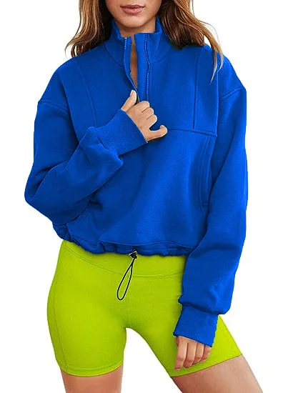 Autumn and Winter New Women's Explosions Stand Collar and Half Zipper Hem Drawstring Leisure Plus Velvet Sweater.