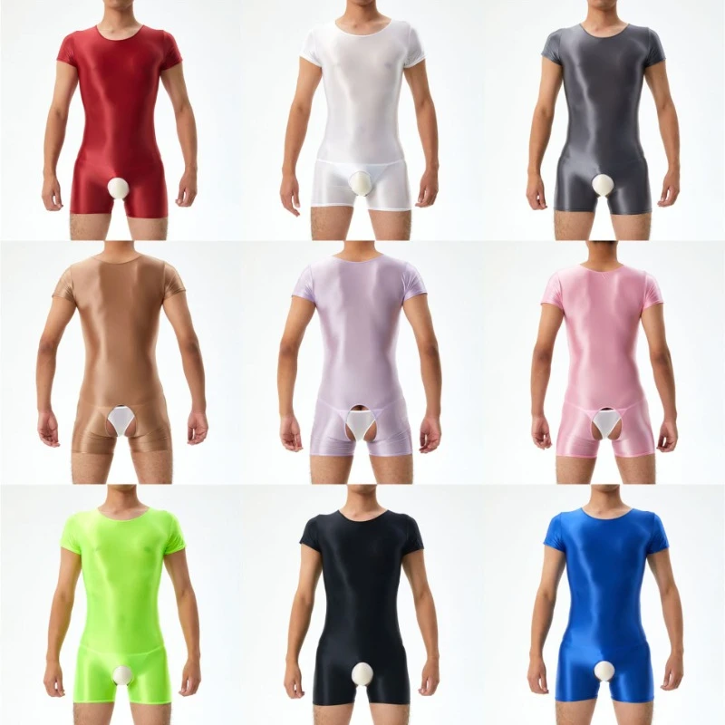 Onesie Glossy Satin Playsuit Romper Men Pajama Open Crotch Slim Fit See Through Short Sleeve Men's Jumpsuit Sexy Sheer Sleepwear
