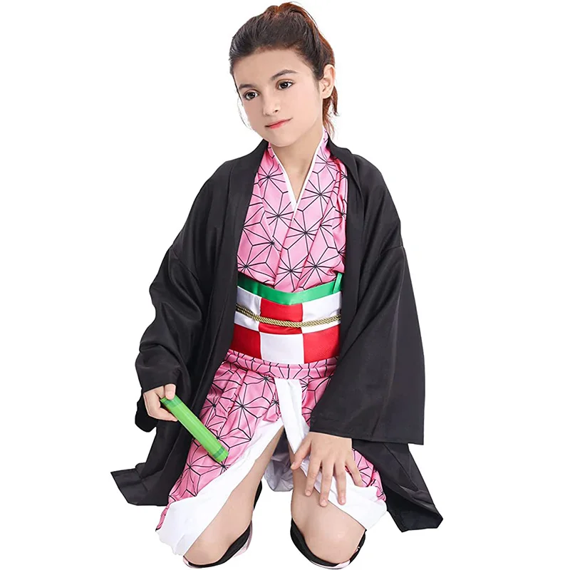 Anime Kamado Nezuko Cosplay Costume Demon Slayer Cosplay Uniform Clothes Kimono Wig Props Set Halloween Costume Kids Adult
