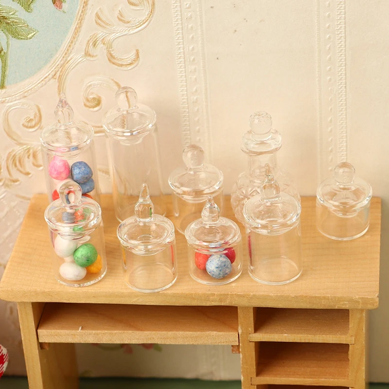 1Pc 1:12 Dollhouse Miniature Clear Glass Jar Candy Bean Storage Bottle Tiny Jar With Cover DollHouse Kitchen Decor Accessories 2