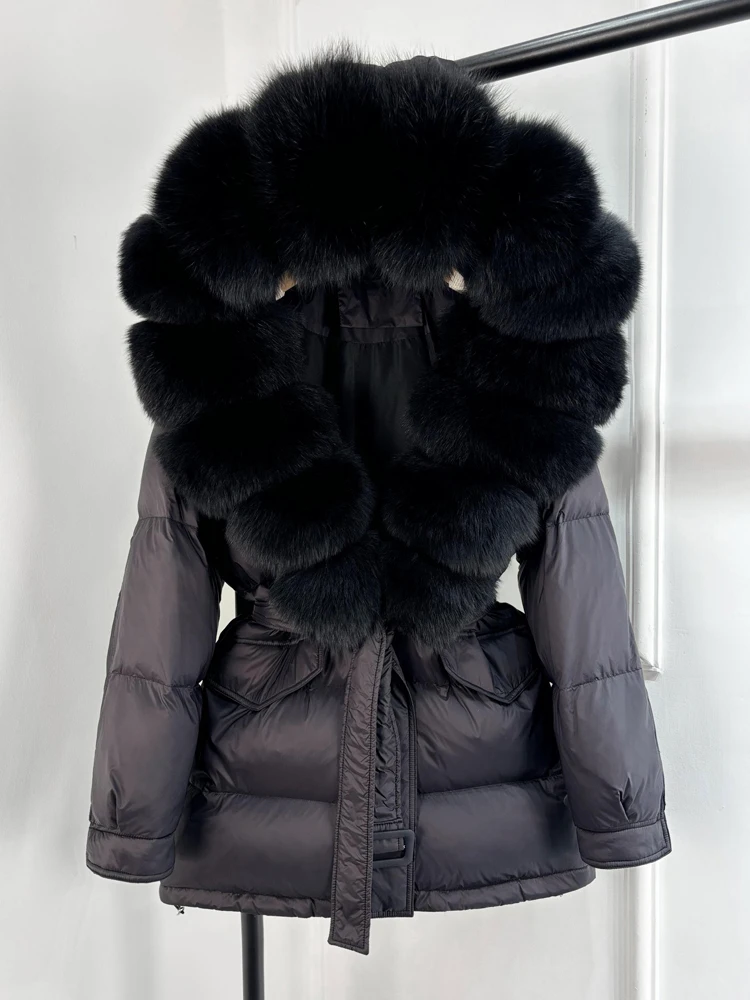 Lagabogy 2025 Thick Warm Mid-Long Puffer Coat Real Fox Fur Collar White Duck Down Coat Female Loose Warm Hooded Parkas With Belt