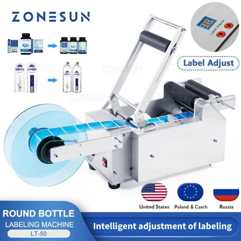 ZONESUN Semi Automatic Handle LT-50 Round Plastic Water Label Printing Applicator Tube Vial Pet Glass Bottle Labeling Machine
